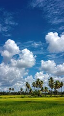 Obraz premium Lush rice field & palm trees under a bright, cloudy blue sky