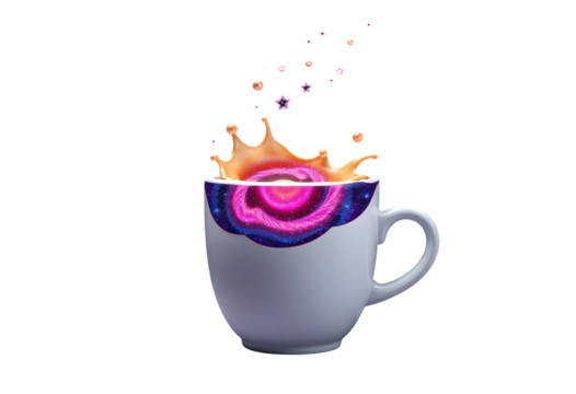 Colorful liquid splash in white mug isolated on transparent background