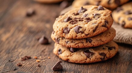 Stacked chocolate chip cookies on rustic wooden table