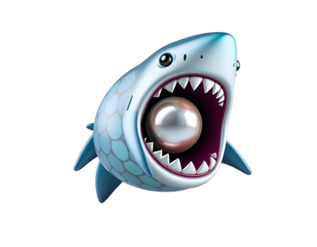 Cartoon shark with pearl in mouth isolated on transparent background