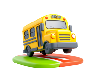 Yellow school bus toy on a colorful base isolated on transparent background