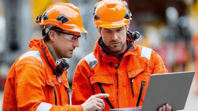 Safety First: Two dedicated engineers meticulously review project plans on a laptop, their protective gear and focused expressions reflecting a commitment to safety and precision in their work.