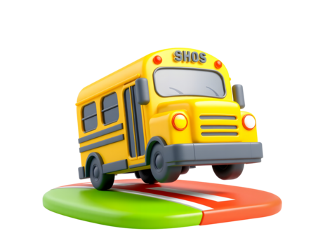 Yellow school bus toy on a colorful base isolated on transparent background