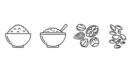Bowls of rice and nuts with spoons and seeds in minimalist style  