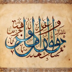 Intricate arabic calligraphy on aged parchment with blue and black ink