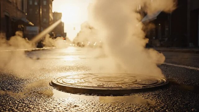 A manhole cover on a city street with steam rising from it, reflecting sunlight on a wet road surface with buildings in the background at sunrise or sunset.
