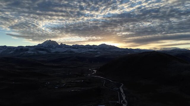 Morning Aerial Drone Footage of Gu'nong Village Gulongcun and Yala Snow Mountain Sichuan, China