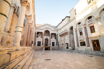 Split, Croatia, Palace of Diocletian in the old town, old ruins with a bell tower in the center