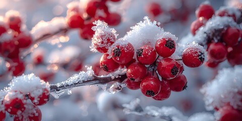 Frosted red berries on snow-covered branches in winter