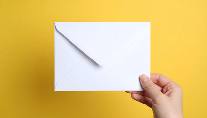 Hand holding white envelope on yellow background