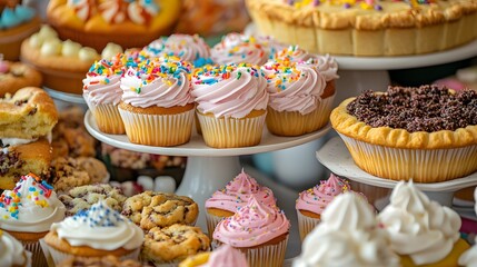 Various freshly baked goods displayed on table for charity bake sale. Cupcakes, cookies, pies assortment