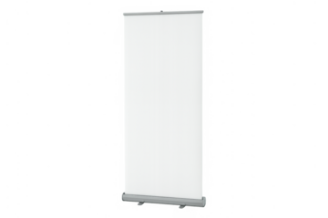 Blank white roll-up banner mockup for advertising and presentation, portable display stand on transparent background