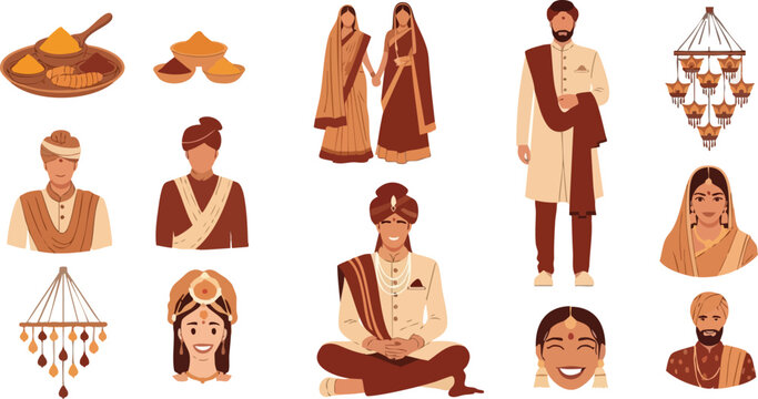 Collection of Indian Wedding Characters and Traditional Elements.