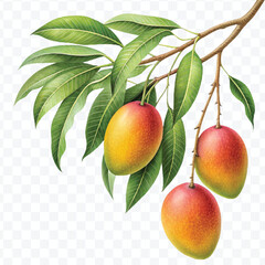 realistic fresh ripe mangoes hanging on branch with green leaves in different style isolated on transparent background	
