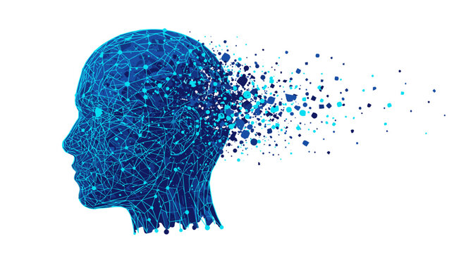 Abstract digital human head profile dissolving into data particles, representing concepts of artificial intelligence, memory, technology, and mental health.