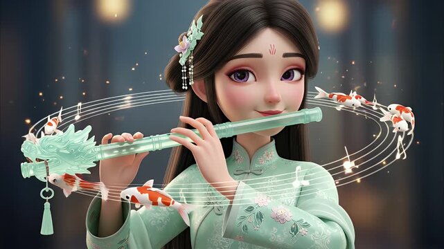 A young Asian woman in a mint green traditional dress playing a green flute with floral decorations and sparkles
