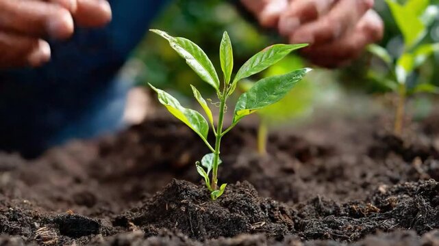 Nurturing New Life: A close-up shot of hands carefully tending a vibrant green seedling growing in rich soil, symbolizing growth and renewal.