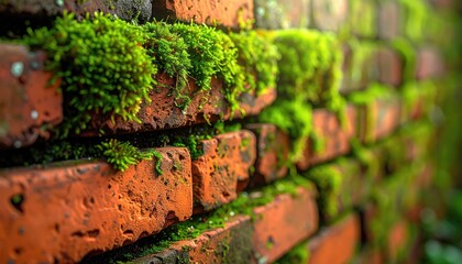 Close up of weathered red brick wall covered in vibrant green moss in soft natural daylight with shallow depth of field