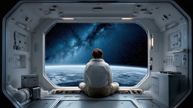 Contemplation in Orbit: A lone figure sits in quiet contemplation, gazing out the panoramic window of a spacecraft at the awe-inspiring beauty of Earth and the boundless expanse of the cosmos.