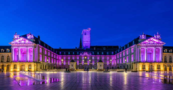 Dijon, Bourgogne, France &ndash; 07.10.2025: Illuminated facade of Palace of Dukes of Burgundy at dusk