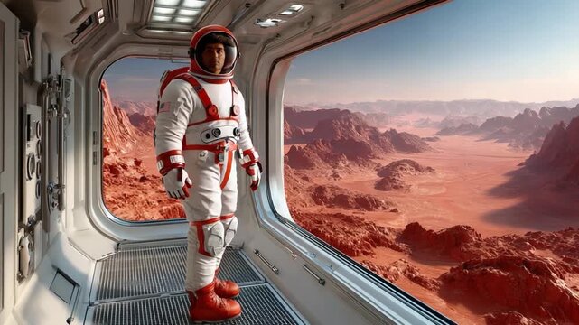 Martian Explorer: An astronaut, garbed in a pristine spacesuit, gazes out the window of a spacecraft onto the desolate landscape of Mars.