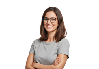 Young woman with glasses smiling arms crossed isolated on transparent background