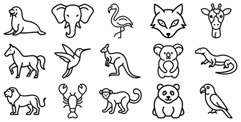 A cute cartoon animal vector set of silhouettes including a dog, cat, lion, tiger, bear, elephant, rabbit, giraffe, cow, horse, sheep, and mouse