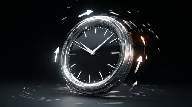 Metallic analog timepiece displays rapid motion indicated by surrounding bright arrows and streaking light