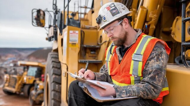 Mining Engineer Inspection: A focused mining engineer meticulously documents notes. The setting features heavy machinery
