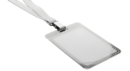 Clear Plastic ID Badge Holder with White Lanyard and Metal Clip on Black Background ID card neck strap isolated on a transparent background