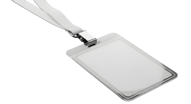 Clear Plastic ID Badge Holder with White Lanyard and Metal Clip on Black Background ID card neck strap isolated on a transparent background