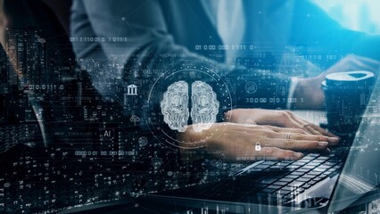AI brain network powered by machine learning processes vast data through intelligent connections,...