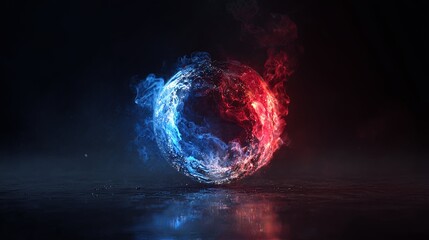 Energetic sphere composed of contrasting blue and red swirling elements hovers above a reflective surface
