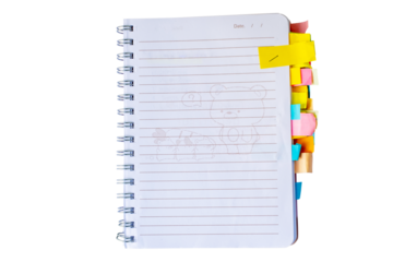 Notebook filled with colorful sticky notes and tabs for study and organization. The cover shows a red sketch of Tower Bridge, symbolizing creativity, planning, and academic focus, PNG File
