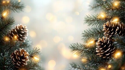 Christmas Pine Branches, Pinecones and Warm Lights, Festive Decoration Close-up, Design Material for Christmas Cards and Home Decoration