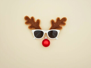 Minimal Holiday Reindeer Design Made from Antlers, Glasses, and Red Bauble