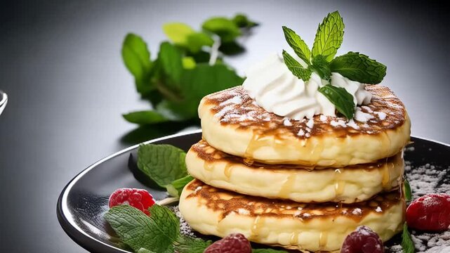 Stack of Fluffy Pancakes with Whipped Cream, Berries, and Syrup. A tempting stack of three golden-brown pancakes is presented on a dark plate