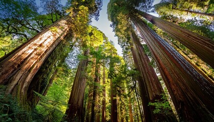 Fototapeta premium a vertical shot of a huge redwood forest on a sunny day