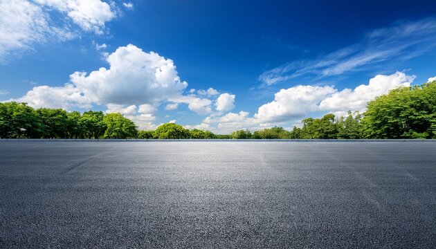 empty asphalt lot under a vibrant blue sky with fluffy clouds and green trees in the background
