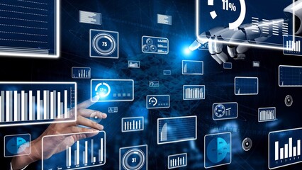 A conceptual illustration of a robotic hand interacting with a futuristic digital interface filled with data visualization elements like graphs and metrics. Xenic