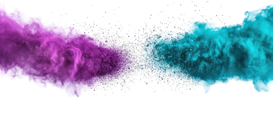 Two colorful powder explosions colliding on transparent background isolated on transparent background