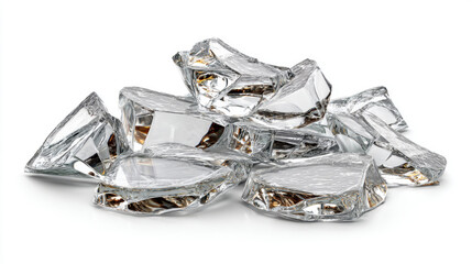 Broken glass diamond shape on white background, concept of fragility. A shattered glass object resembles a diamond, symbolizing damage and destruction.