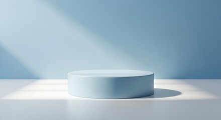 Minimalist light blue podium with soft light and shadow on a pastel blue background