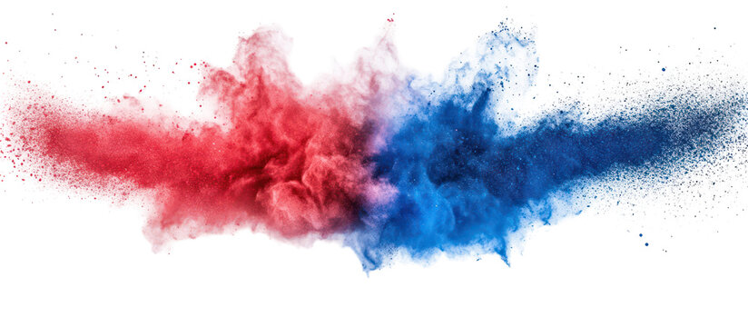 Red and blue powder explosion top view with soft shadows on transparent background