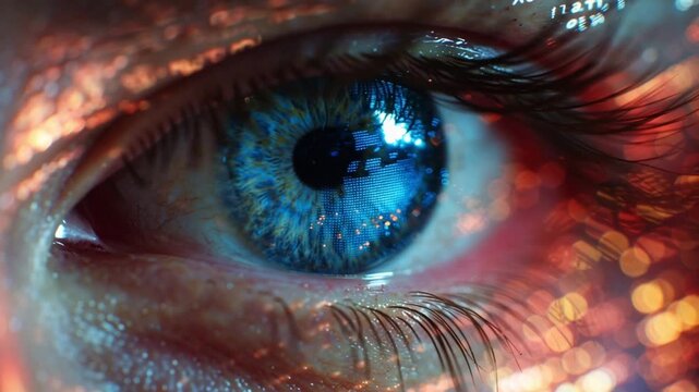 Close-up of a human eye blinking in an artistic and cinematic setting with detailed reflections