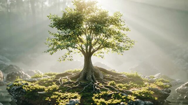 Photorealistic tree grows from a small island in calm water with sunlight filtering through trees