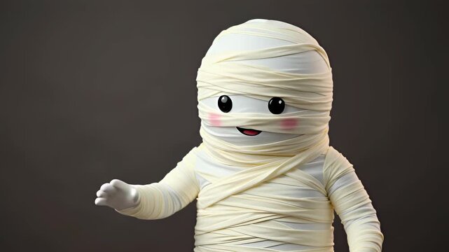 Cute happy mummy mascot wearing fun Halloween costume, waving friendly hand. Sweet monster character wrapped in bandage
