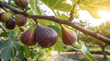 Fig tree in garden, Fig hanging on tree in natural warm sunlight background