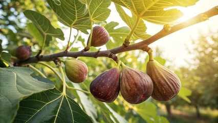 Fig hanging on tree in garden, Fig on tree in natural warm sunlight background