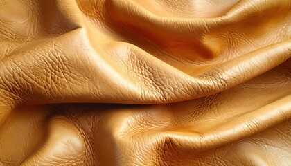 Close up of draped textured golden tan leather fabric showing its natural grain and subtle undulations in soft daylight creating a rich warm background.